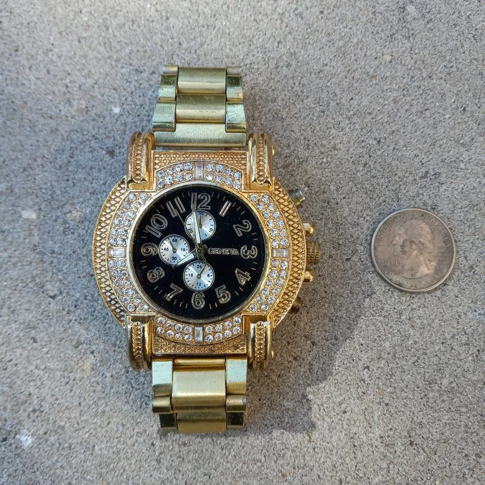 Mens GENEVA Oversized Wrist Watch Gold Rapper Bling Bling